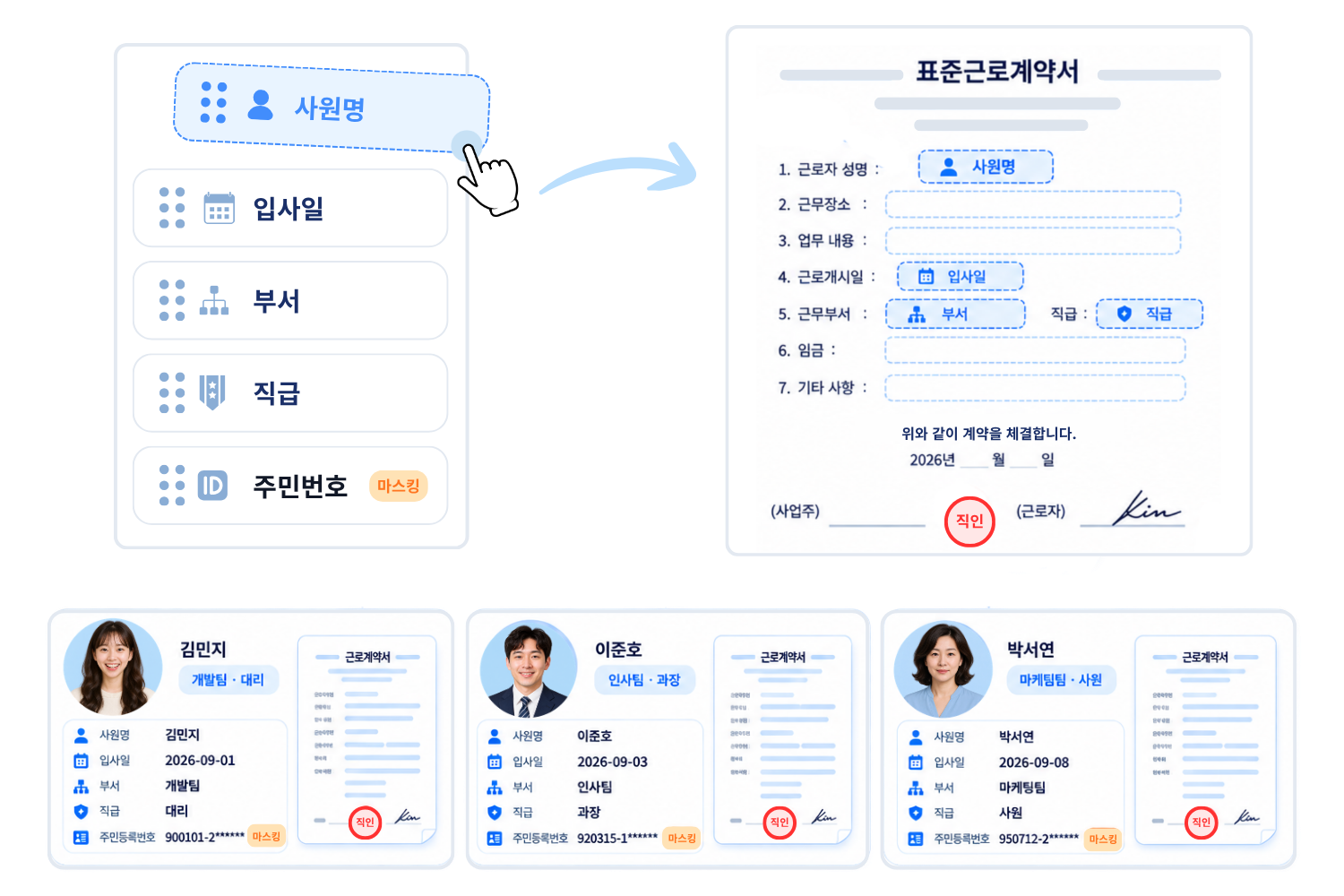 계약 서식 편집기에서 자동 입력 항목을 배치하는 화면